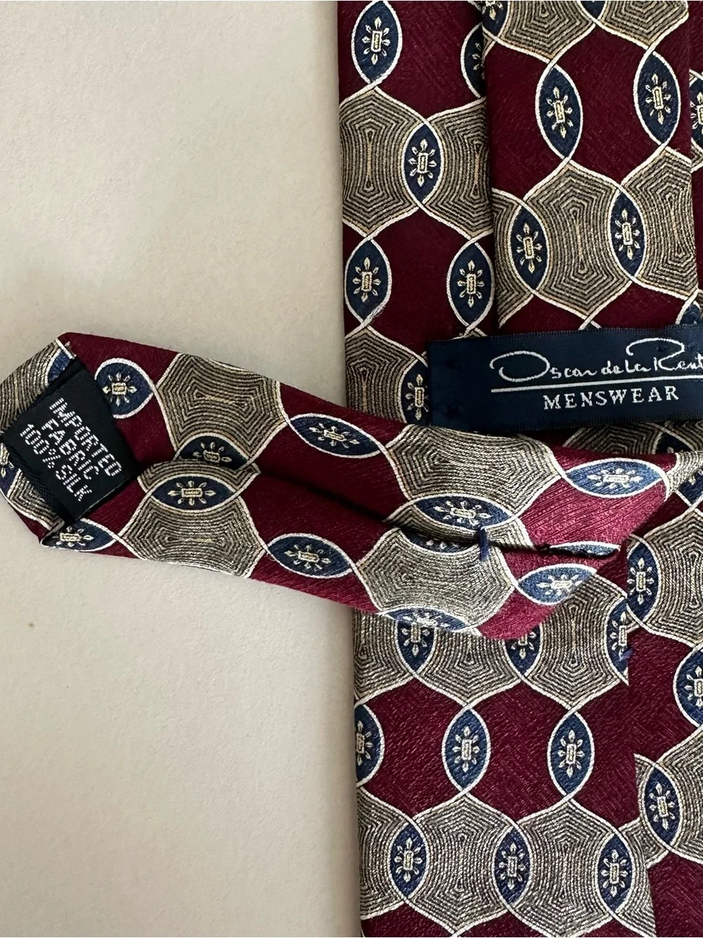 Vintage Oscar de la Renta 100% Silk Geometric Print Necktie Burgundy, Navy